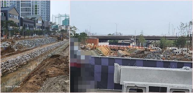 NSP통신-사실상 구거로 건천에 가까운 풍동천의 토목공사 중인 모습(왼쪽)과 풍동 2지구 현장 모습(오른쪽)