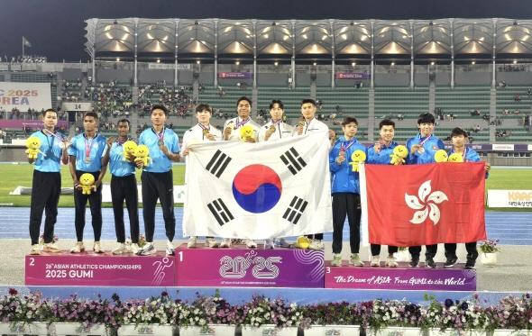 NSP통신-예천군청 나마디 조엘 진 4*100mR 한국신기록 수립, 구미아시아선수권대회에서 38.49초 1위로 결승선 통과 (사진 = 예천군)