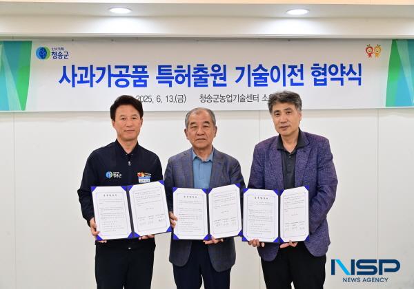 NSP통신-청송군농업기술센터는 13일 경국대학교 및 영농조합법인 한국맥꾸룸과 함께 풋사과소금에 대한 기술이전 협약을 체결했다. (사진 = 청송군)