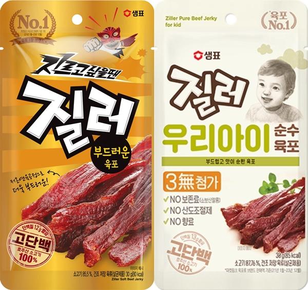 NSP통신-(왼쪽부터) 기존 샘표의 대표 육포 제품인 질러 부드러운 육포와 신제품 우리아이 순수육포 제품 이미지 (사진 = 샘표식품 제공)