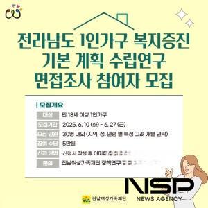 NSP통신-전라남도 1인가구 복지증진 기본계획 수립연구 면접조사 참여자 모집 포스터 (이미지 = 전남여성가족재단 정책연구실)