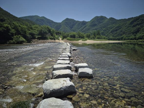 NSP통신-안동시는 도산면 가송리 농암종택 앞 낙동강에 징검다리를 설치해 퇴계예던길의 4코스(단천교~축융봉)와 5코스(고산정~원천교)를 연결했다. 농암종택 앞 낙동강에 126m 자연석 다리 완공, 탐방객 동선 확장 (사진 = 안동시)