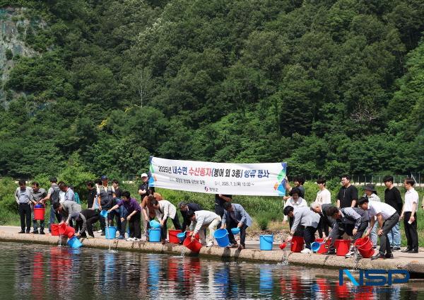 NSP통신-영양군은 3일 내수면 생태계 자원 증대와 지속 가능한 어업기반 조성을 위해 붕어, 메기, 미꾸리 치어 31만미, 다슬기 치패 55만패를 관내 주요 하천 및 저수지 등에 분산하여 방류했다. (사진 = 영양군)
