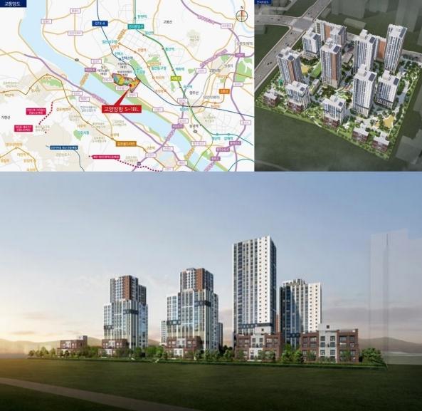 NSP통신-고양장항 교통망도(사진 위 왼쪽)와 S-1 단지조감도(오른쪽) 및 투시도(아래) (사진 = LH 제공)