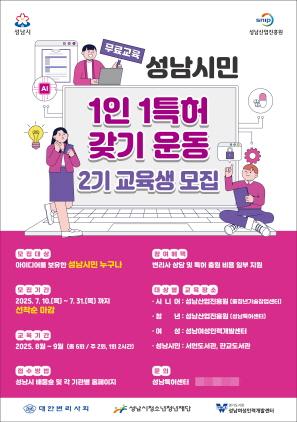 NSP통신-성남시민 1인 1특허 갖기 운동 2기 교육생 모집 안내 포스터. (이미지 = 성남산업진흥원)