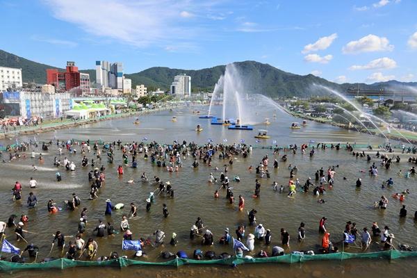 NSP통신-장흥물축제장에서 펼쳐지고 있는 물고기를 잡아라 프로그램. (사진 = 장흥군)