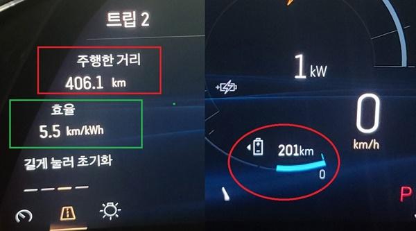 NSP통신-총 406.1km를 시승한 후 체크 한 캐딜락 전기차 리릭의 실재 주행 전비는 놀랍게도 5.5km/kWh (사진 = NSP통신)