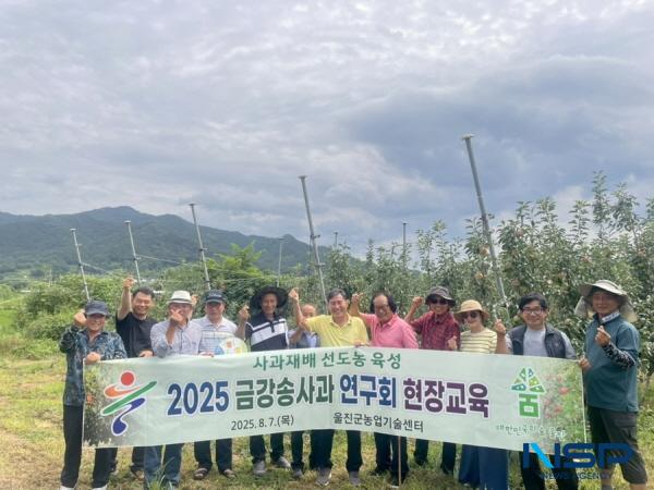 NSP통신-울진군은 최근 기후변화로 인한 재배환경 변화에 대응하고 사과 품질 향상 및 안정적인 수확을 위해 금강송사과연구회 회원들을 대상으로 지난 7일 김천시 선도농가 견학을 실시했다. (사진 = 울진군)
