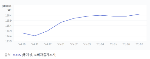NSP통신-최근 소비자물가지수 추이 그래프. 2025년 7월 지수는 116.5로 이전 달 보다 0.2 상승했다. (2020년 당시 지수 100) (그래프 = 통계청)