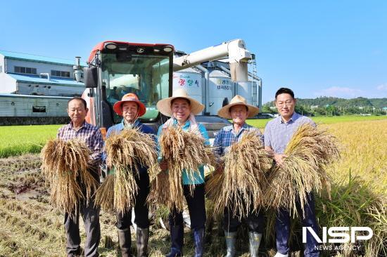NSP통신-세풍 간척지 수도작 계약재배단지 올해 첫 벼베기 (사진 = 광양농협)