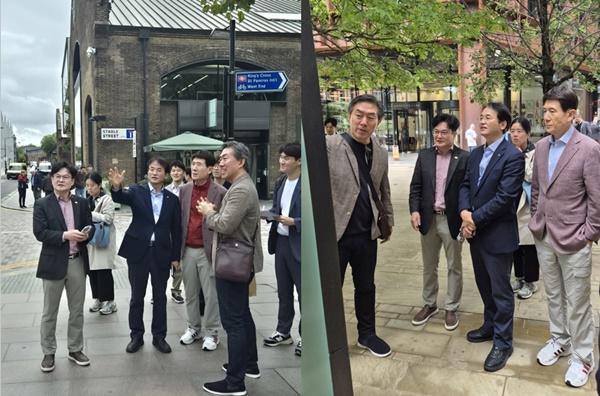 NSP통신-이동환 고양특례시장과 협의회 방문단(좌)와 판크라스 스퀘어(Pancras Square)에 관한 김정후 박사의 설명을 듣는 이동환 고양특례시장과 협의회 방문단(우/왼쪽부터 김정후 박사, 김병수 김포시장, 이동환 고양특례시장, 이강덕 협의회 회장(포항시장)) (사진 = 고양시)