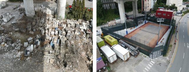 NSP통신-용인특례시 기흥구가 신갈동 537-85번지 고가도로 하부를 시민편의시설로 조성됐다. 사진은 조성 전(왼쪽)과 조성 후 모습. (사진 = 용인특례시)
