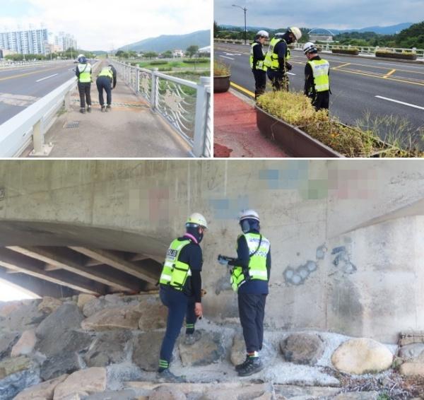 NSP통신-국토안전관리원이 경주에서 개최되는 APEC 정상회의를 앞두고 회의장으로 연결되는 교량, 지하차도 등 주요 시설물에 대한 안전점검을 9월 한 달간 실시한다. 사진은 위 왼쪽부터 시계 방향 순으로 교량 점검중인 신평교, 보문교(2일), 구황교(4일). (사진 = 국토안전관리원)