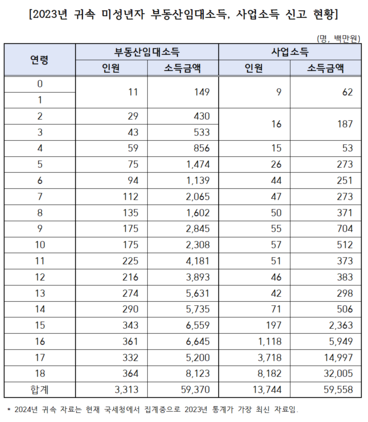 NSP통신-2023년 귀속 미성년자 부동산임대소득, 사업소득 신고 현황. (이미지 = 김영진 의원실)
