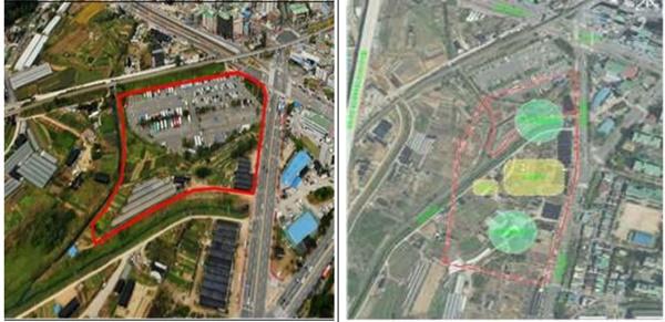 NSP통신-고양시 주교동 신청사 기존부지(좌)와 변경된 부지(우), 기존 4만126㎡(사유지 6369㎡+국공유지 3만 3757㎡)가 7만 3096㎡(사유지 5만2,888.95㎡+국공유지 2만 207.05㎡)로 부당·위법하게 변경돼 사유지가 기존 6369㎡에서 5만2888.95㎡으로 큰 폭으로 증가됐다. (사진 = 제보자)