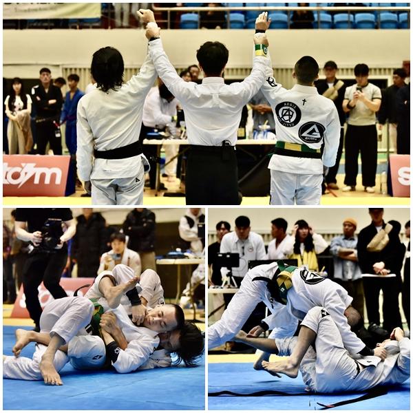 NSP통신-사진 위쪽 시계방향으로 이상곤 관장 승자선언, 경기 후반 반격시도 중, 상대 선수의 공격을 방어중인 이 관장. (사진 = 아이기스 주짓수)