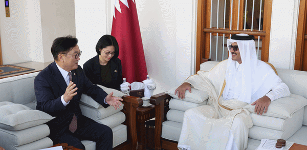 NSP통신-우원식 국회의장이 타밈 빈 하마드 알 싸니 국왕과 면담을 하고 있다. 가운데는 통역(임은선 통역관) (사진 = 국회의장 공보수석실)