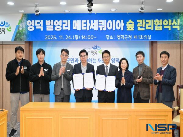 NSP통신-영덕군은 지역 관광명소로 자리매김한 영해면 벌영리 메타세쿼이아 숲의 지속 가능한 운영·관리와 효과적인 활용을 위해 숲 소유주 장명진 대표와 협약을 체결했다. (사진 = 영덕군)