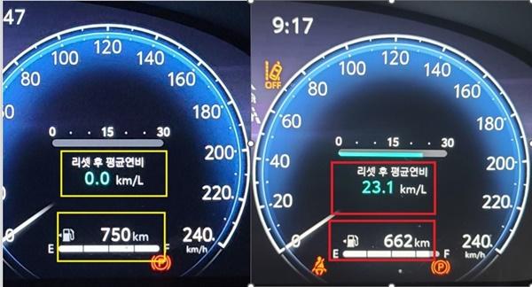 NSP통신-총 88km(750-662=88)를 시승한 후 체크 한 토요타 캠리 하이브리드 모델의 실제 연비 23.1km/L 기록 (사진 = NSP통신)