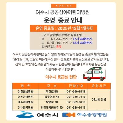 [NSP NEWS Image]여수시 공공심야어린이병원 12월 1일부터 운영 종료