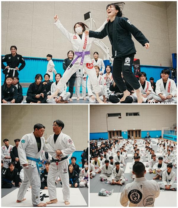 NSP통신-레크레이션 이벤트 당첨자들과 이상곤 총관장의 인사말 그리고 그레이시바하 코리아 홍주표 관장이 세미나를 진행하고 있다. 사진 우쪽 레크리에이션에서 승리한 참가자들, 이상곤 아이기스 주짓수 총관장(사진 아래 오른쪽), 홍주표 관장(사진 아래 왼쪽). (사진 = 아이기스 주짓수.)