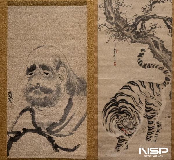 NSP통신-연담 김명국의 달마도(좌) 정재 홍장중의 수하호도(우) (= 광양제철소)