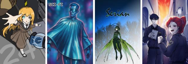 NSP통신-김포대학교 게임콘텐츠과 학생들의 제40회 디자인&일러스트레이션 국제공모전 입선작들. 사진 왼쪽부터 안정환 학생의 지능은 100%, 행동은 20%, 탐정과 드론 보좌관, 장우형 학생의 산소, 김태경 학생의 세리안, 김지유 학생의 MIC현장팀. (사진 = 김포대학교)