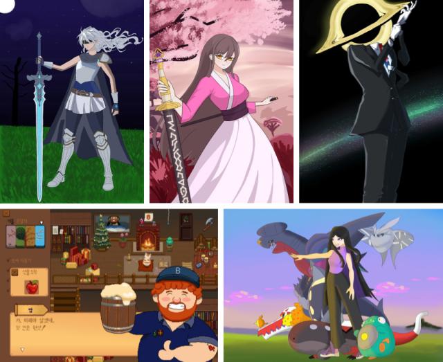 NSP통신-김포대학교 게임콘텐츠과 학생들의 제40회 디자인&일러스트레이션 국제공모전 입선작들. 사진 왼쪽 위부터 시계방향으로 김형준 학생의 에이라: 운명을 바꾸는 여정, 홍기표 학생의 고요한 결, 윤지섭 학생의 코즈믹, 최윤지 학생의 내가 좋아하는 길, 홍나연 학생의 오후 11시의 기쁨. (사진 = 김포대학교)