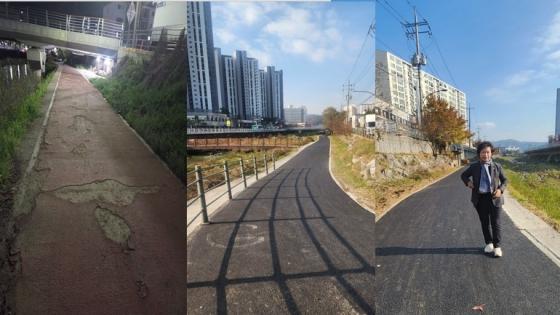 NSP통신-황미상 용인시의원이 처인구 포곡읍 둔전리 일원 금어천 횡단 산책로 및 자전거·보행자 겸용도로 재정비 현장을 방문해 정비 완료 상황을 확인했다. (사진 = 황미상 의원실)