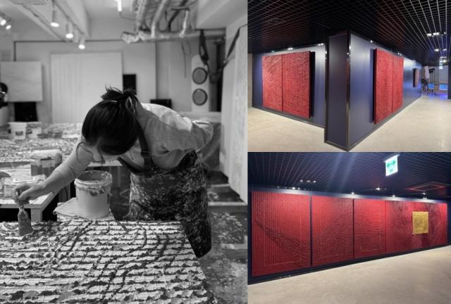 NSP통신-서양화가 오지윤 작가의 작업 모습(왼쪽)과 높이 193.9cm, 길이 13m에 달하는 붉은 존엄 시리즈(오른쪽) (사진 = 오지윤 작가)