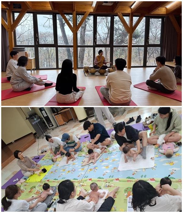 NSP통신-부모들이 난임 치유숲 프로그램(위쪽)과 베이비 마사지 교실을 체험하고 있다. (사진 = 서울 강서구청)