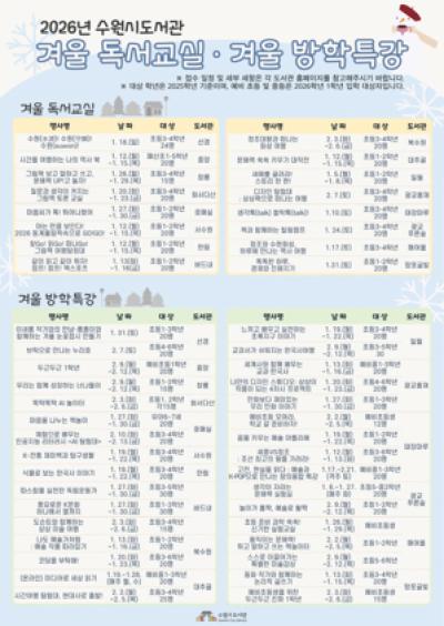 [NSP PHOTO]수원시도서관 2026 겨울방학 독서 문화프로그램 운영