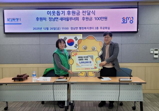 NSP통신-우윤옥 화성시 정남면 새마을부녀회장(왼쪽)이 조성하 정남면장에게 100만원 상당 농촌사랑상품권을 기탁했다. (사진 = 정남면행정복지센터)