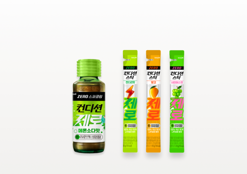 NSP통신-(왼쪽부터)컨디션 제로 스파클링 메론소다맛, 컨디션스틱 제로 3종 컨디션맛, 망고맛, 샤인머스캣맛 (사진 = HK이노엔)