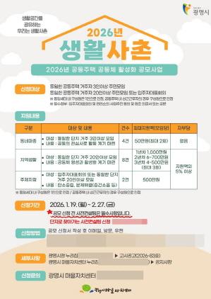 NSP통신-2026년 광명시 생활사촌 공동주택 공동체 활성화 공모사업 참여자 모집 안내 포스터. (이미지 = 광명시)