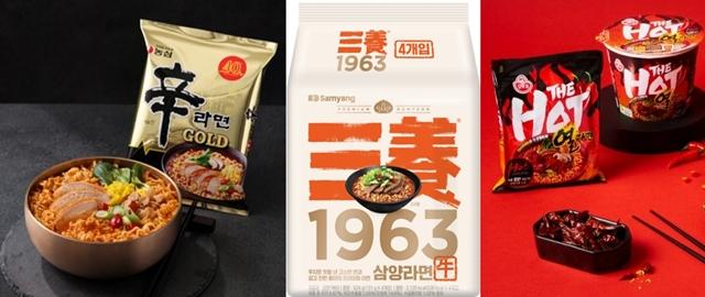 NSP통신-(왼쪽부터) 농심의 신라면 골드, 삼양식품의 삼양1963, 오뚜기의 더핫 열라면 제품 이미지 (사진 = 각 사 제공)