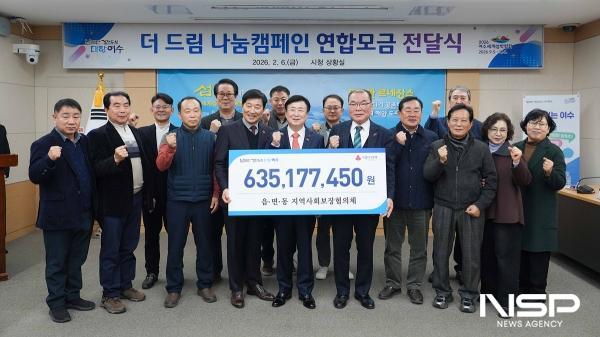 NSP통신-여수시 27개 읍면동 지역사회보장협의체가 지난해 모금한 연합모금액 후원증서를 여수시에 전달했다. (사진 = 여수시)