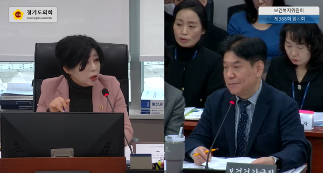 NSP통신-정경자 경기도의원(왼쪽)이 11일 열린 제388회 임시회 보건복지위 보건건강국 업무보고에서 유영철 보건건강국장에게 질의하고 있다. (사진 = 경기도의회)