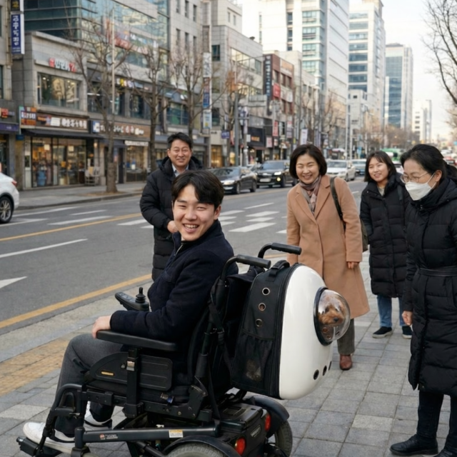 NSP통신-휠체어 사용자가 반려동물과 외출할 때 사용하는 예펫 백팩을 설치한 모습 사진 예펫코리아