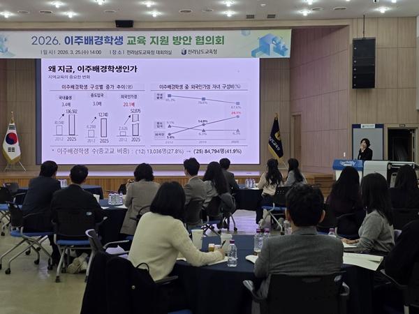 -전남교육청이 지난 25일 대회의실에서 이주배경학생 교육 지원 방안 협의회를 진행하고 있다 사진 전남교육청