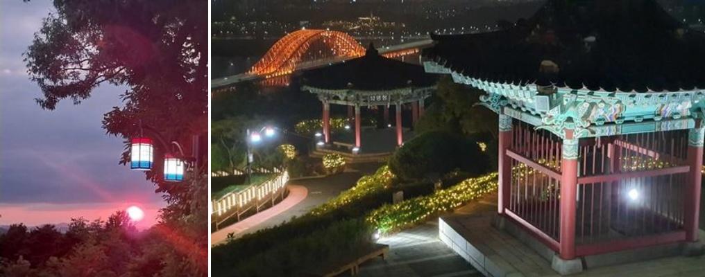 -행주산성 해넘이 모습왼쪽과 산성내의 행주대첩비 포토존오른쪽 사진 고양시