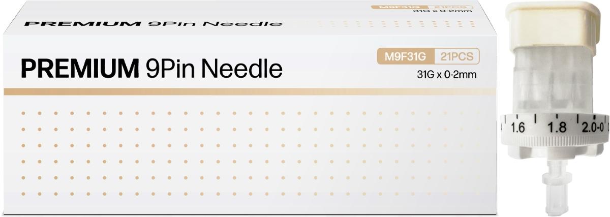 -왼쪽부터휴온스메디텍의 스킨부스터 전용 멸균주사바늘 프리미엄 9핀 니들 패키지와 제품 사진 휴온스메디텍