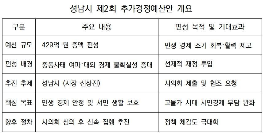 -성남시 제2회 추가경정예산안 개요 표 김병관