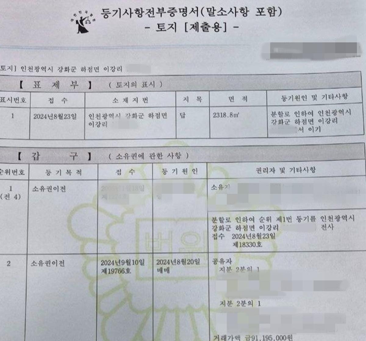 -김포시의회 의원이 공동으로 매입한 토지 등기부등본 표제부 이미지 대법원등기