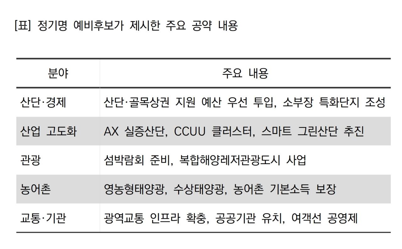 -정기명 예비후보가 제시한 주요 공약 내용 표 NSP통신