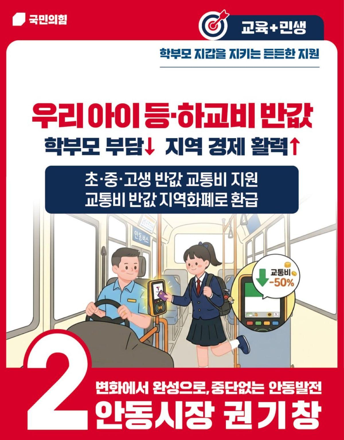 -가계 부담은 줄이고 지역 경제 활력은 높이는 권기창 초중고생 반값 교통비 공약 월 10회 이상 대중교통 이용 초중고생의 교통비 반값 환급 사진 권기창 안동시장 예비후보 선대위