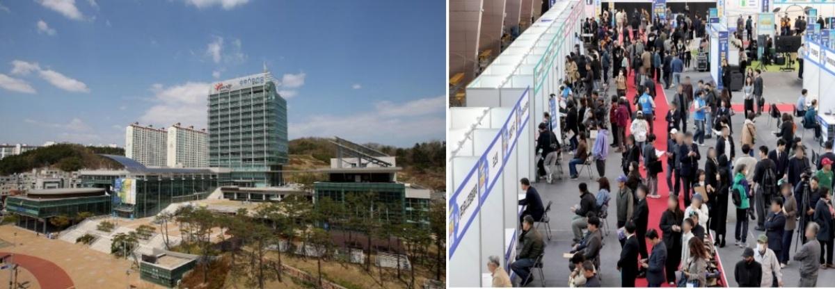 -포항시는 올해 총 6198억 원을 투입해 지난해보다 700개 늘어난 3만 4500개 일자리 창출을 목표로 본격적인 일자리 정책 추진에 나서며 지역일자리 공시제에 따라 일자리 창출 계획을 수립했다 사진은 포항시 전경왼쪽 및 지난해 여렸던 일자리박람회 현장 모습오른쪽 사진 포항시