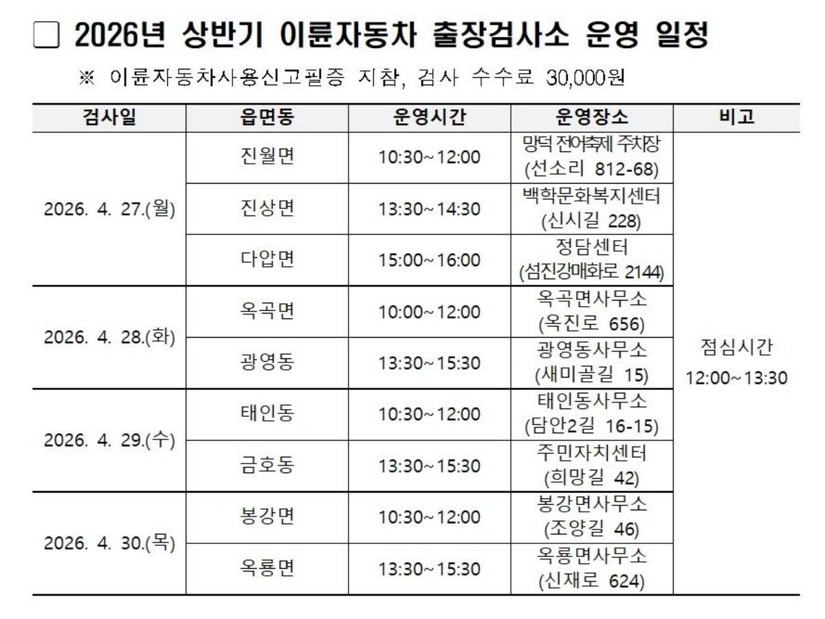 -2026년 상반기 이륜자동차 출장검사소 운영일정 및 장소 표 광양시청