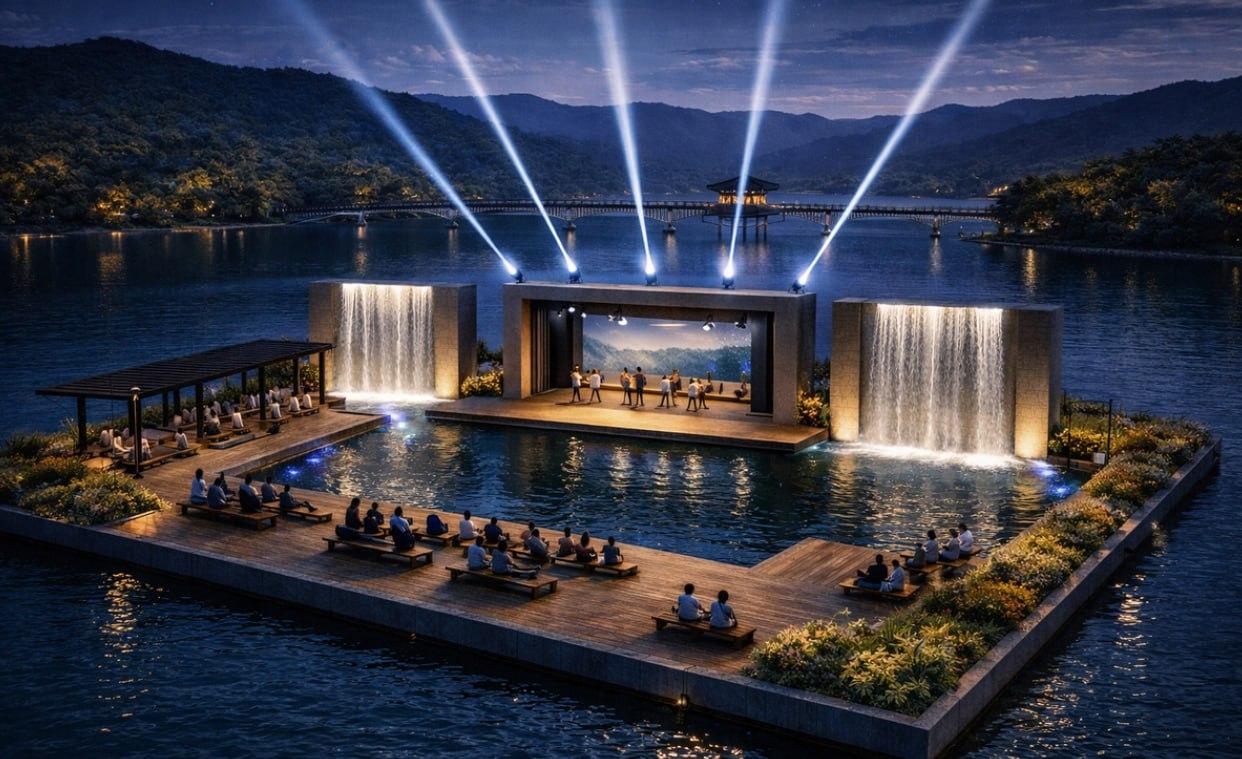 -체류형 안동관광의 새로운 마침표 월영교의 달빛 수상공연장으로 피어난다 수상공연장 완공으로 미디어파사드가 결합된 멀티미디어 쇼 구현 안동인이 만드는 안동의 콘텐츠로 문화예술 일자리 창출 도심 문화관광 벨트 구축으로 원도심 활성화 도모 사진 권기창 안동시장 예비후보 선대위