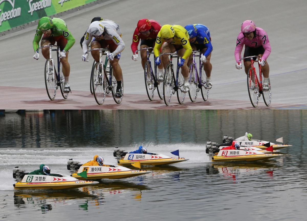 -광명스피돔에서 열리는 경륜 경주위와 미사경정장에서 열리는 경정 경주 모습 사진 경륜경정